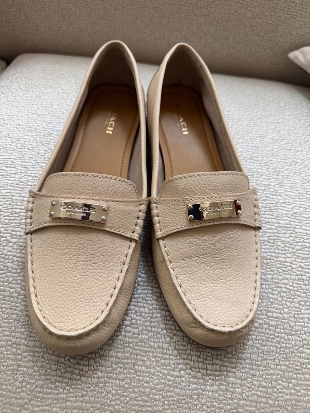 Coach Beige Leather Penny Loafers with Metal Plaque